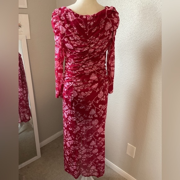 House of Harlow Floral Mesh Front Slit Pink Midi Dress Size Medium - Picture 3 of 11